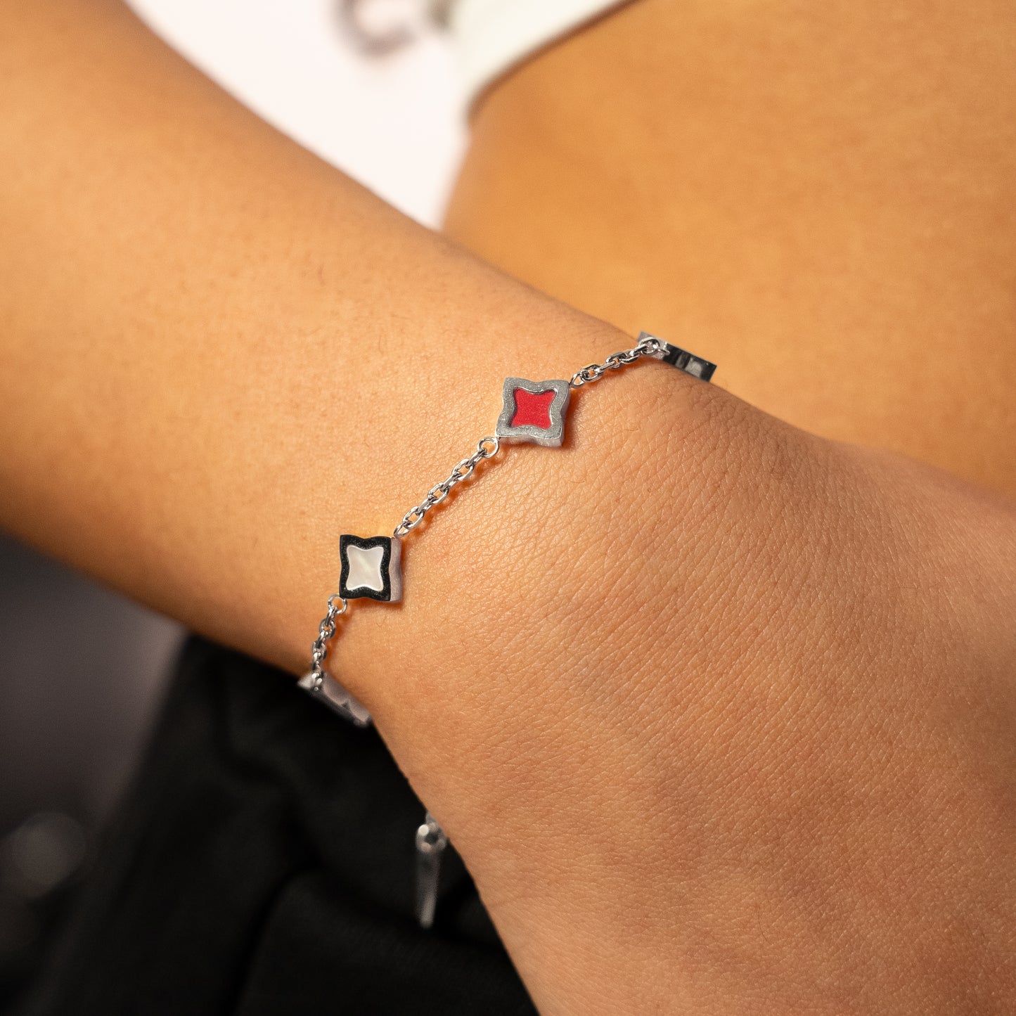 Silver Flower Cable Bracelet - White