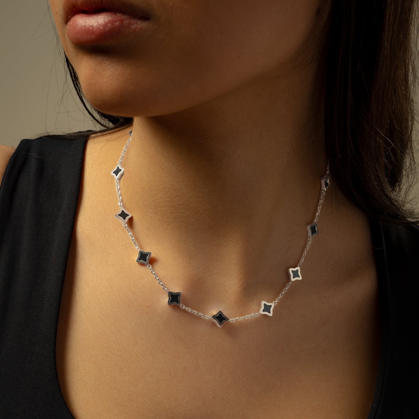 Silver Flower Cable Chain - Black