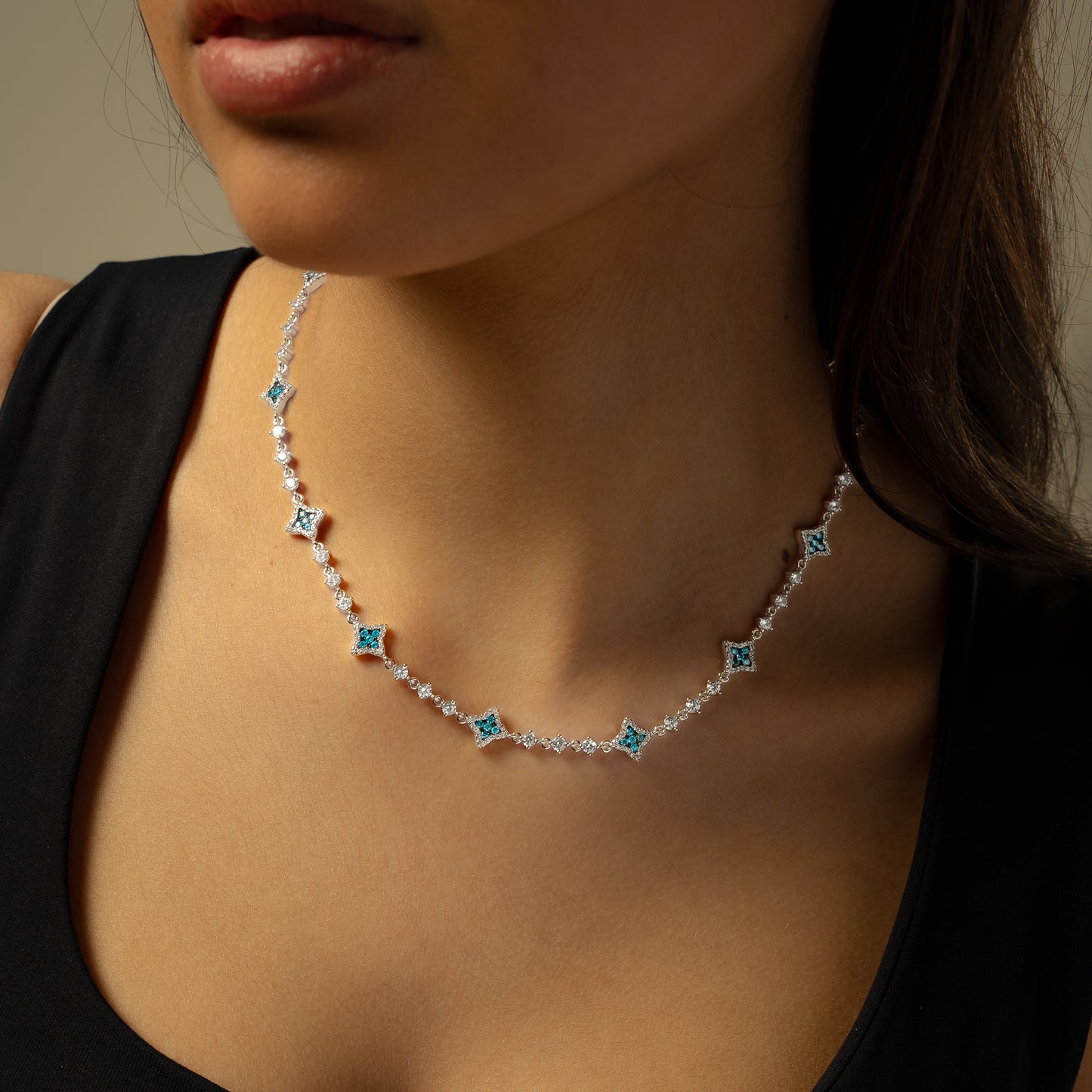 Silver Flower Tennis Chain - Blue Stones