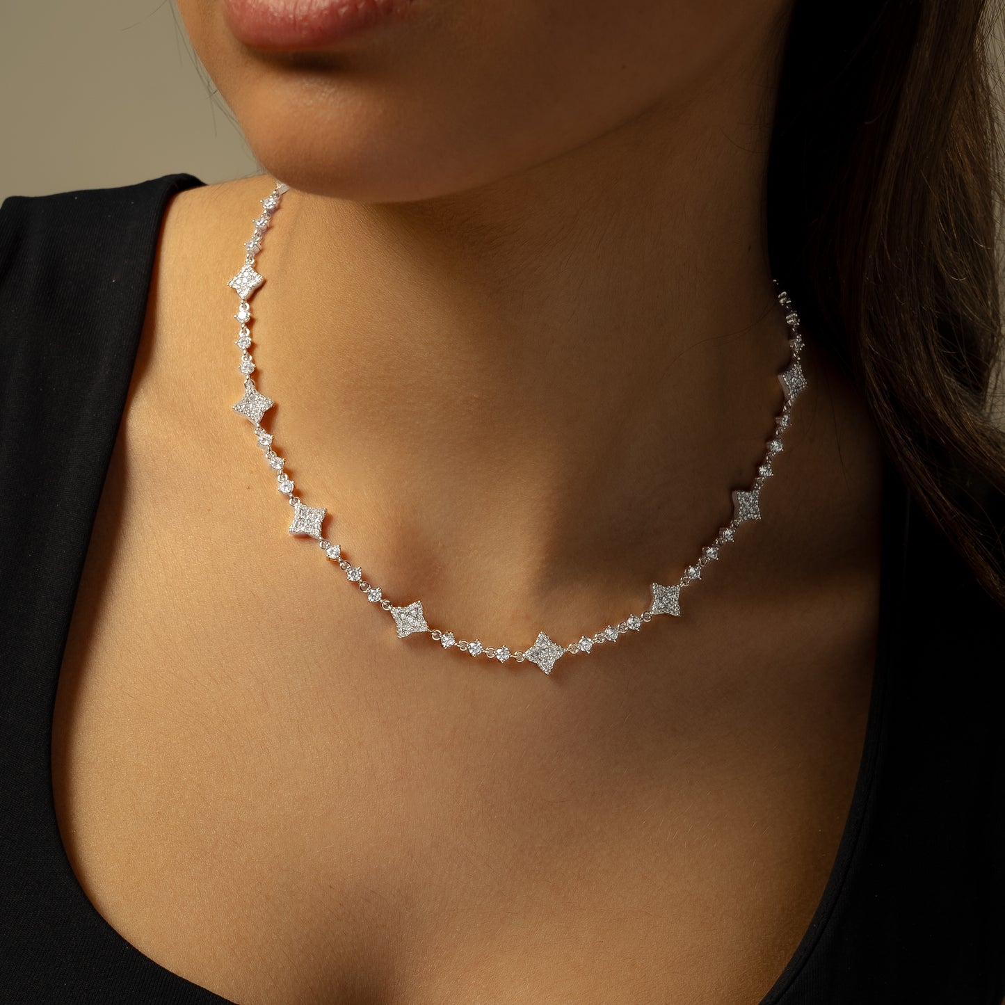 Silver Flower Tennis Chain - White Stones