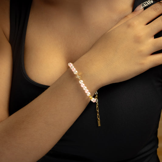 Bracelet perlé Signature Doré - Blanc et Rose