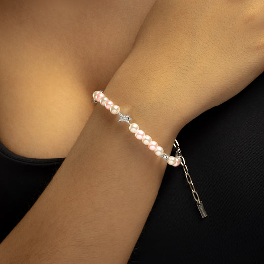 Bracelet perlé Signature Argenté - Blanc et Rose