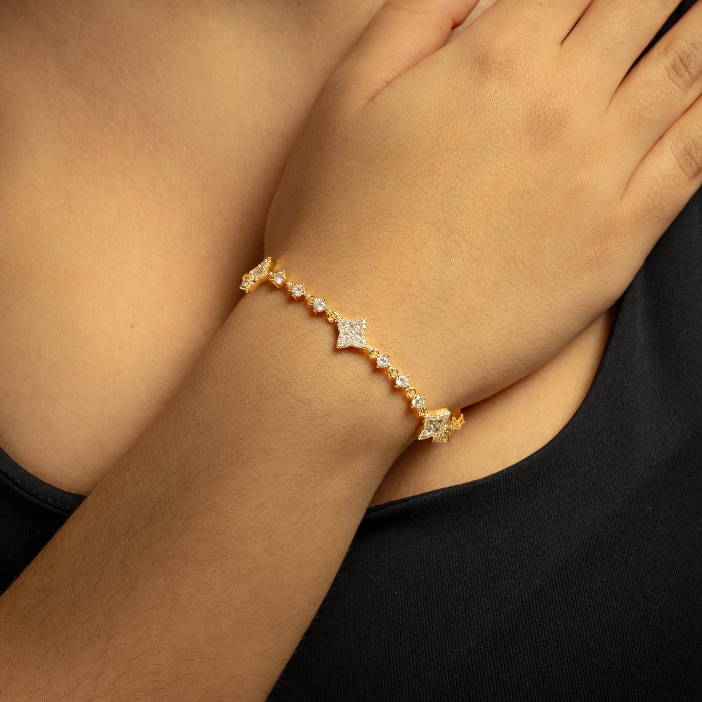 Gold Flower Tennis Bracelet - White Stones