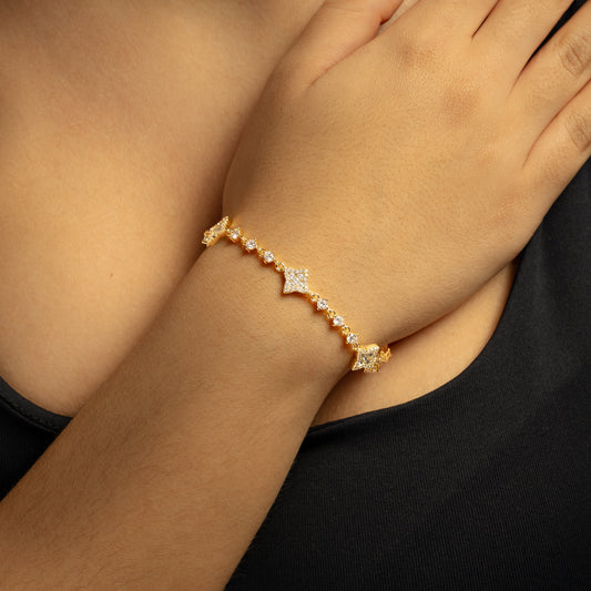 Gold Flower Tennis Bracelet - White Stones