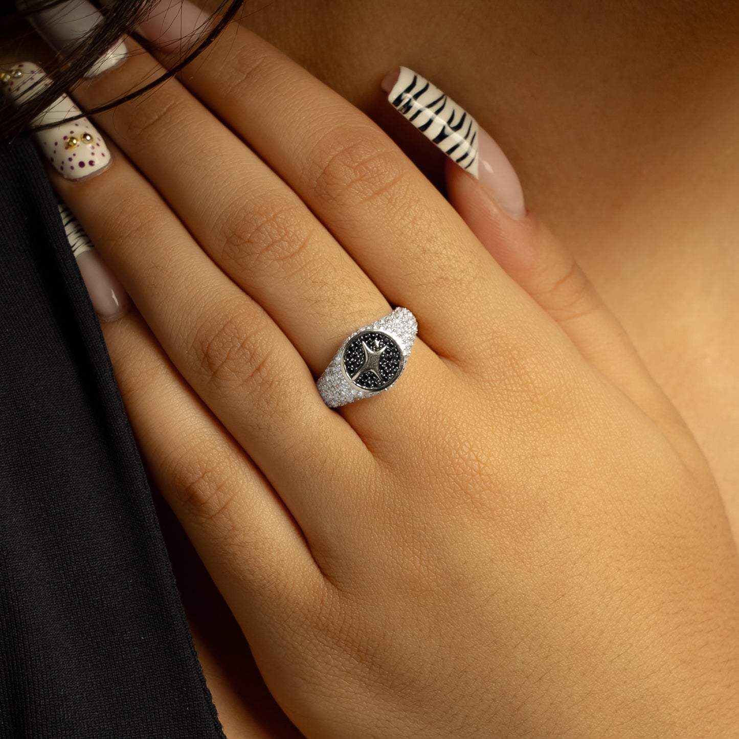 Iced Round signet ring silver