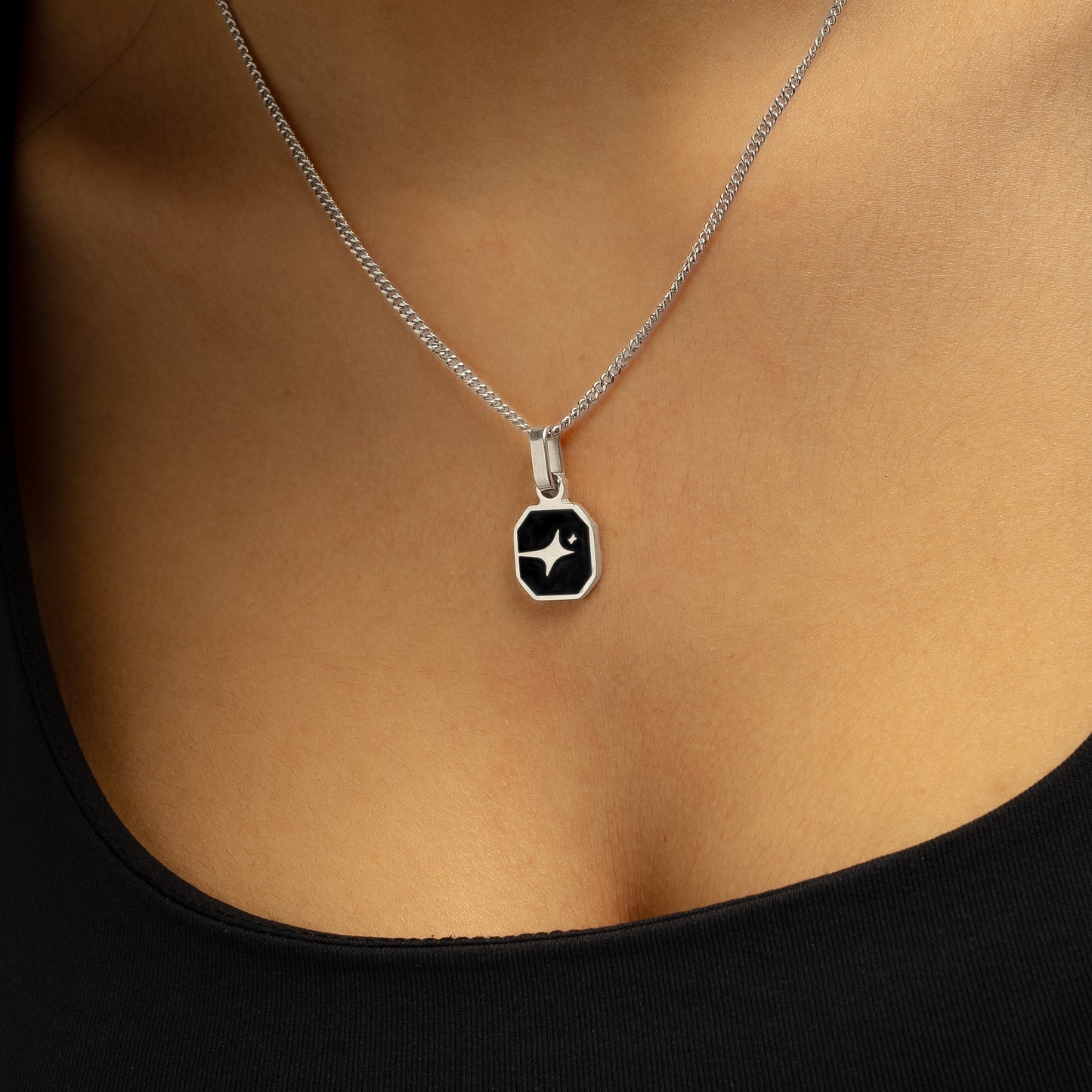 Silver Signature Square Pendant - Black