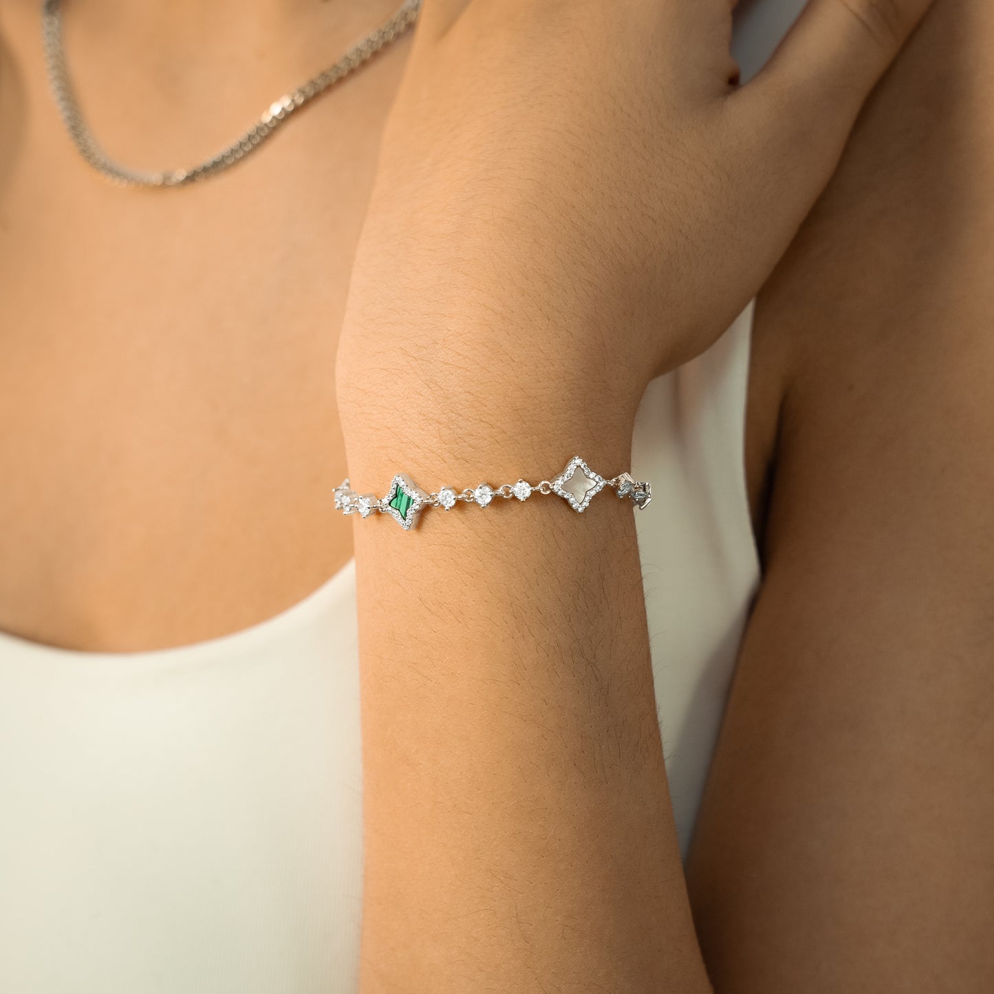 Silver Flower Tennis Bracelet - White & Green