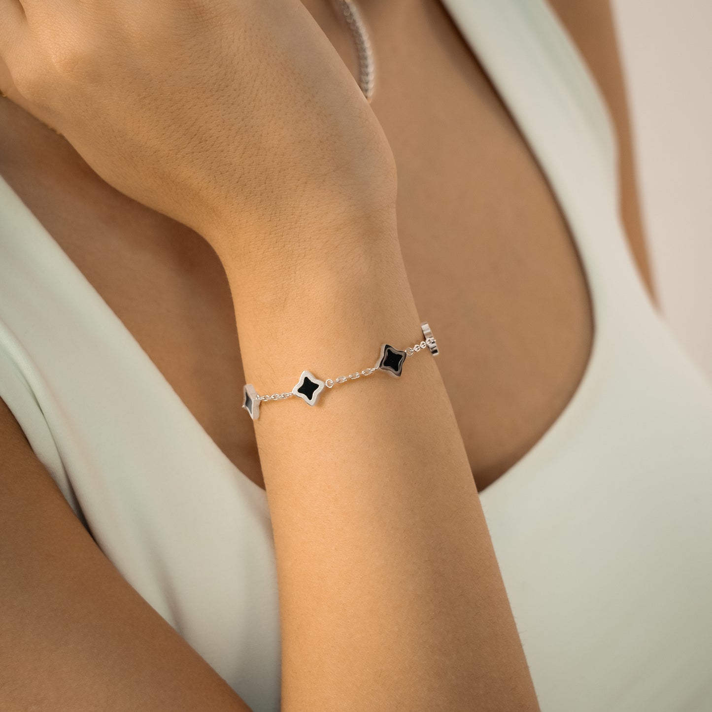 Bracelet Flower câble Argenté - Motif Noir
