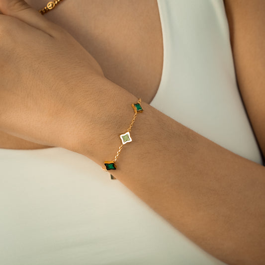 Gold Flower Cable Bracelet - Green