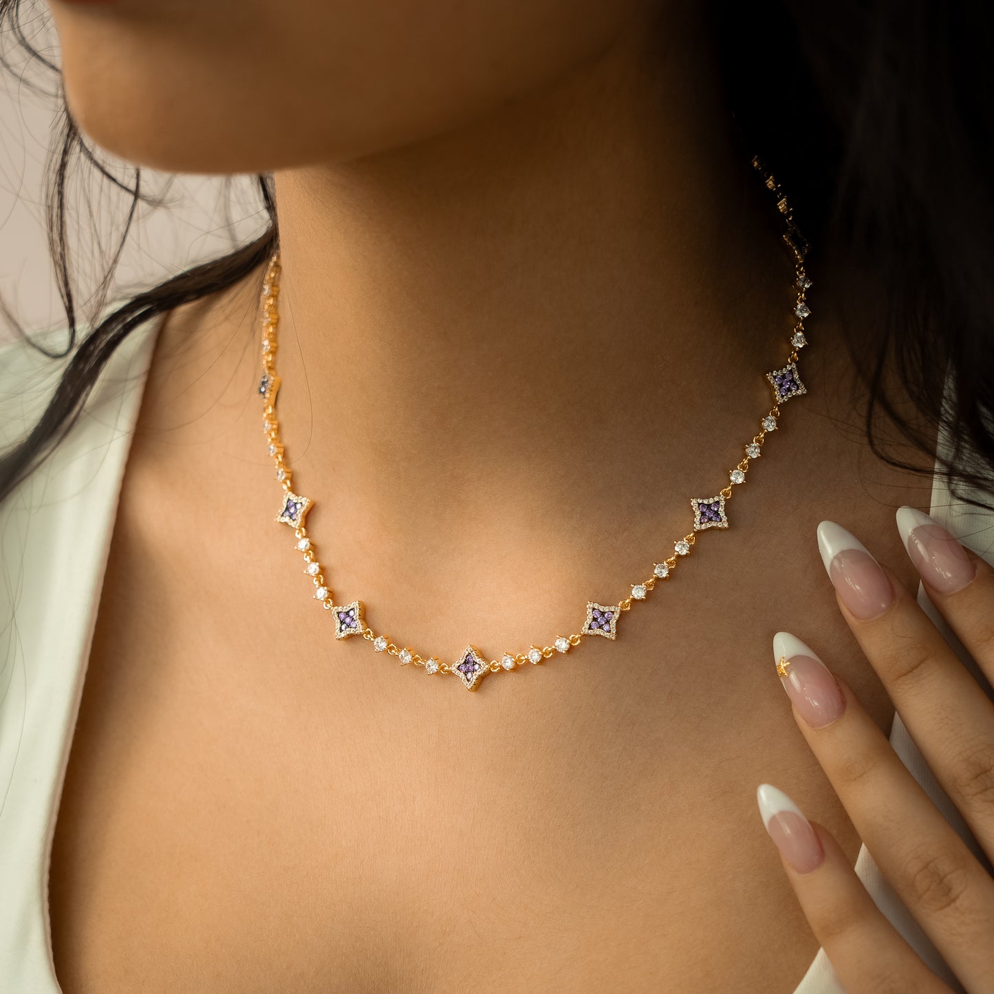 Chaîne Flower Tennis Dorée - Pierres violettes