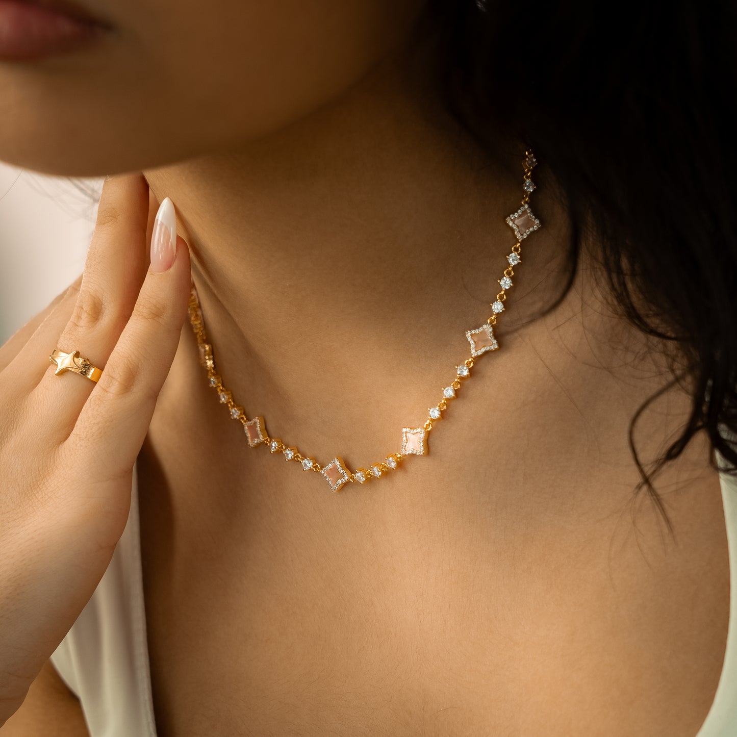 Gold Flower Tennis Chain - Pink