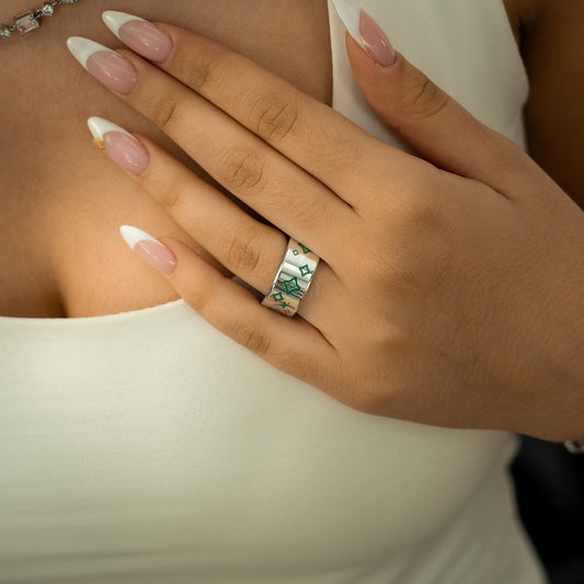 Stars & flowers silver band - Green