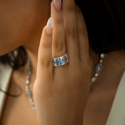 Stars & Flowers silver band - Blue