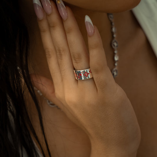 Stars & flowers silver band - Red