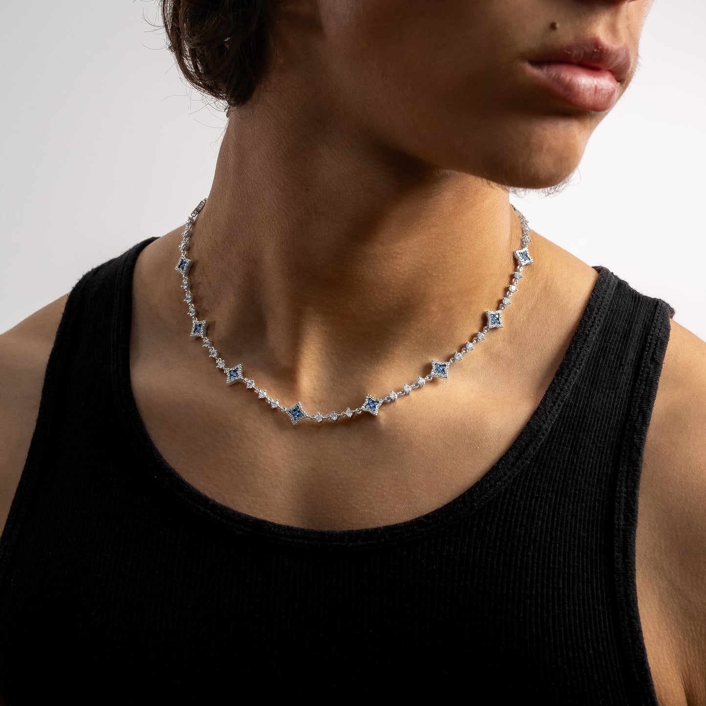 Silver Flower Tennis Chain - Blue Stones