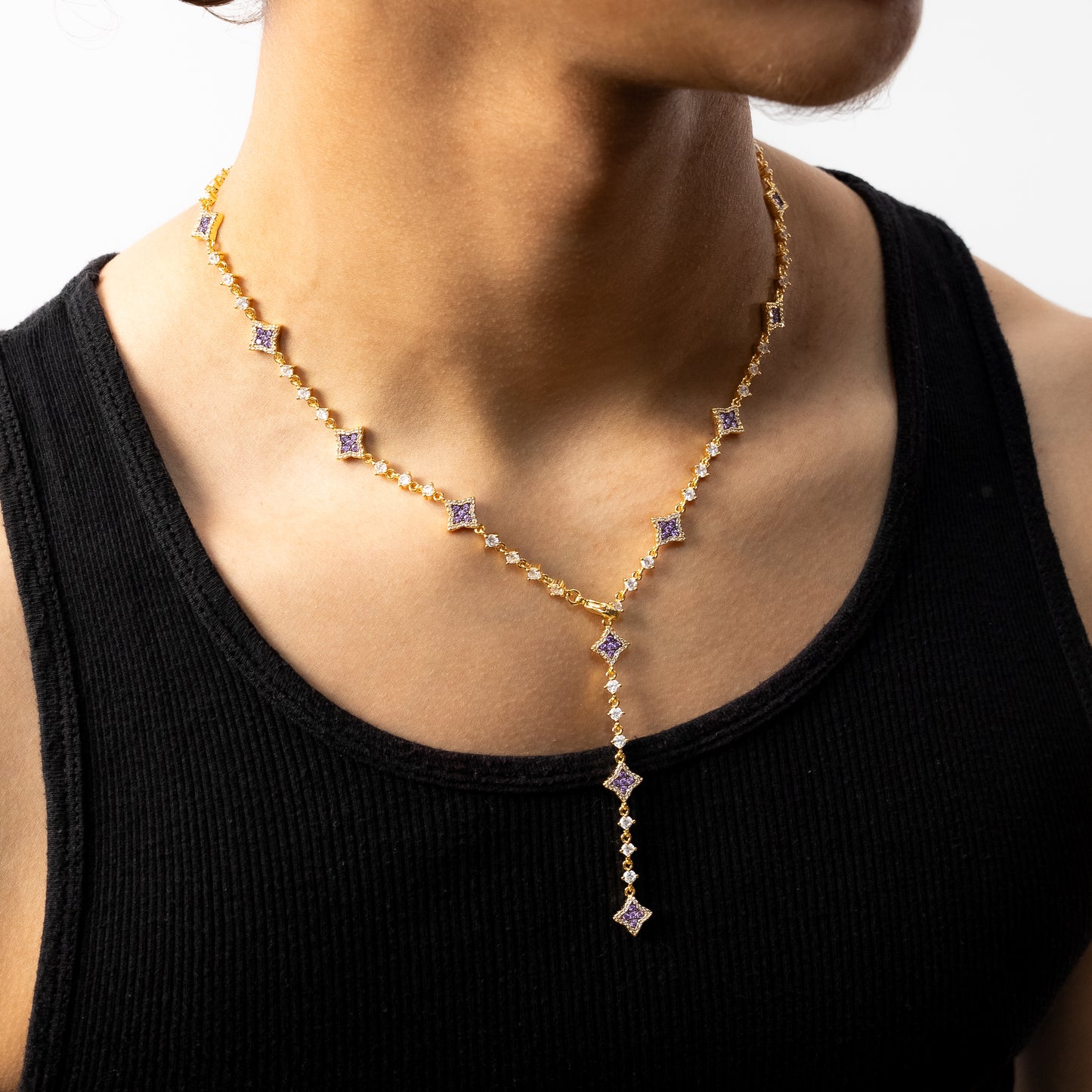 Lariat Flower Tennis Gold - Purple Stones