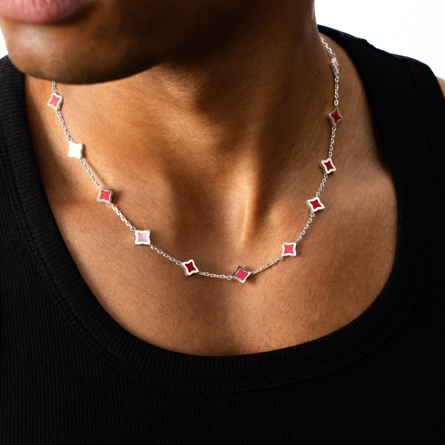 Silver Flower Cable Chain - Red