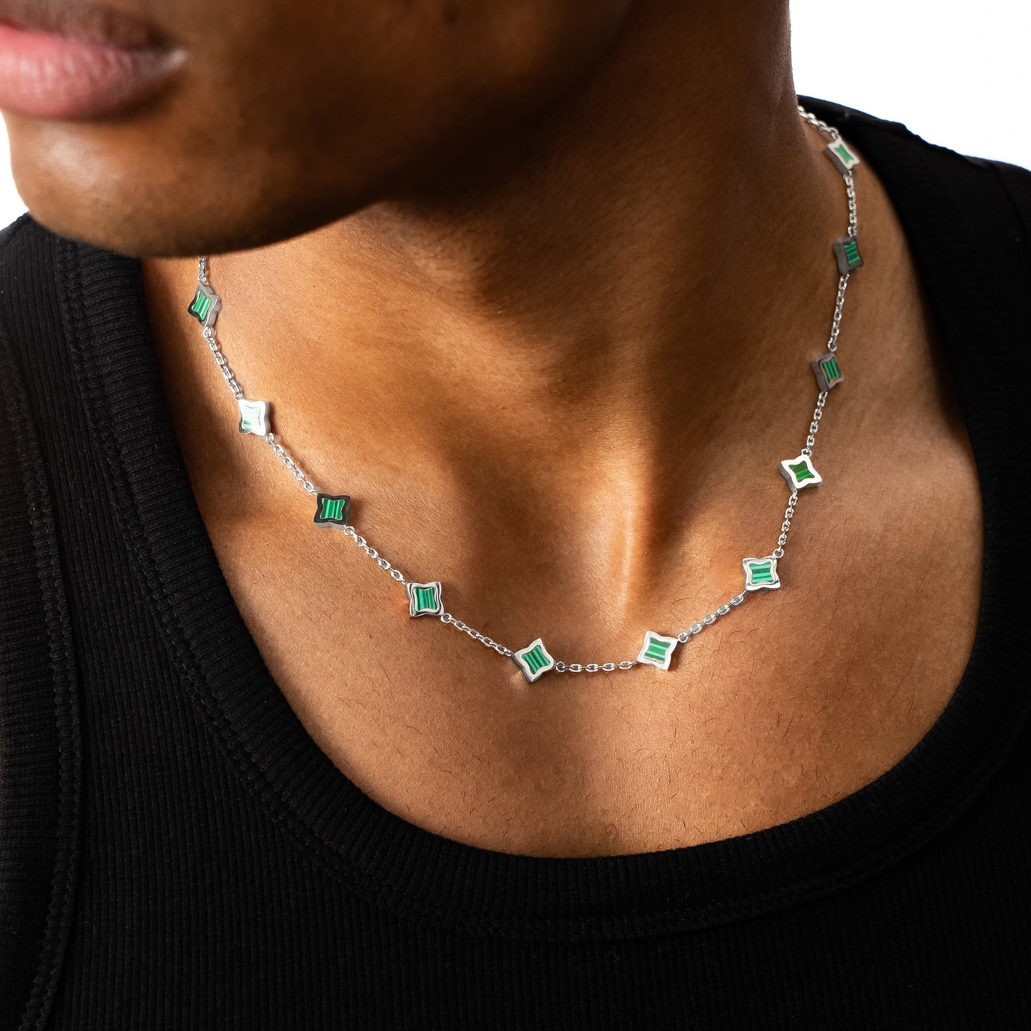 Chaîne Flower câble Argentée - Motif Vert