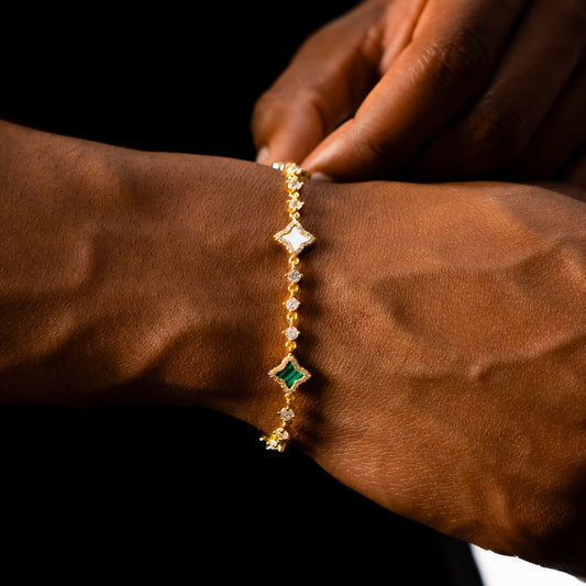 Bracelet Flower Tennis Doré - Motif Blanc & Vert