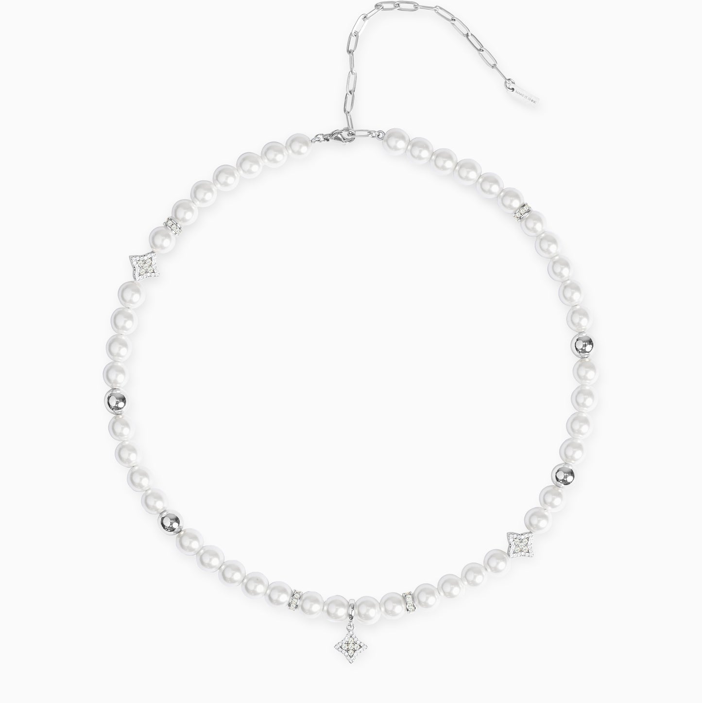 Silver Flower Pearl Chain - White Stones