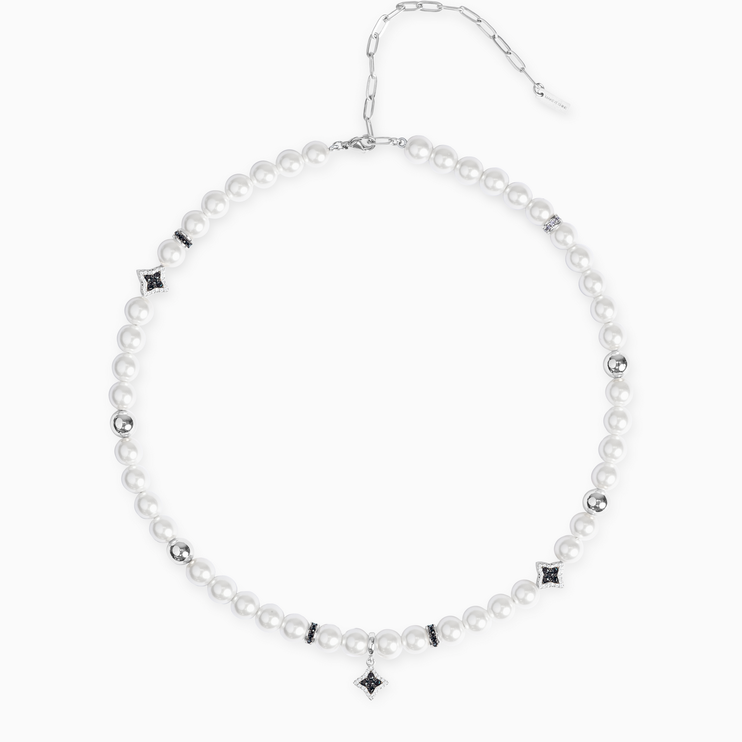 Silver Flower Pearl Chain - Black Stones