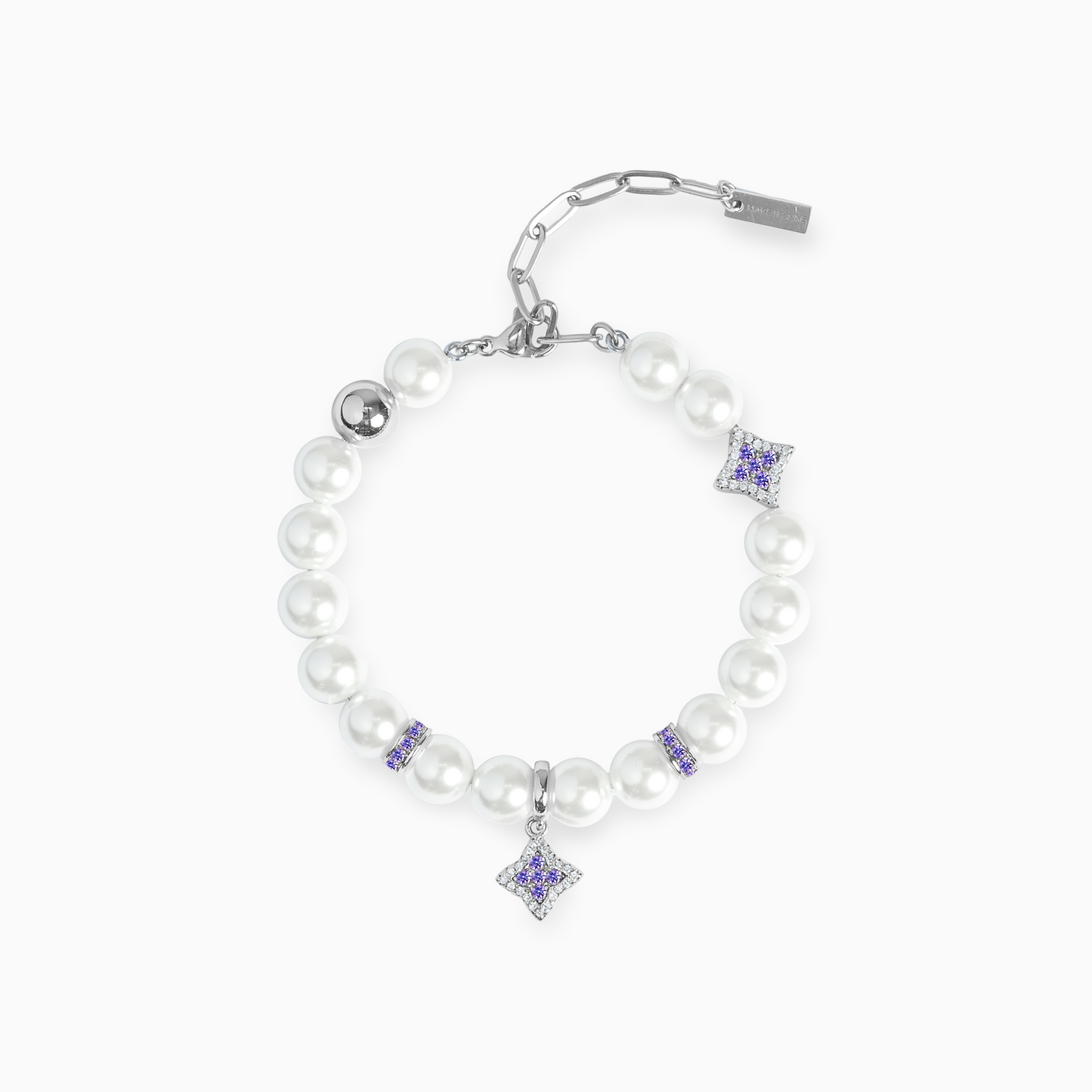 Silver Flower Pearl Bracelet - Purple Stones