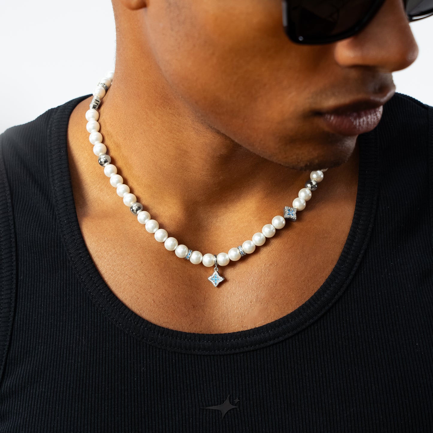 Silver Flower Pearl Chain - Blue Stones