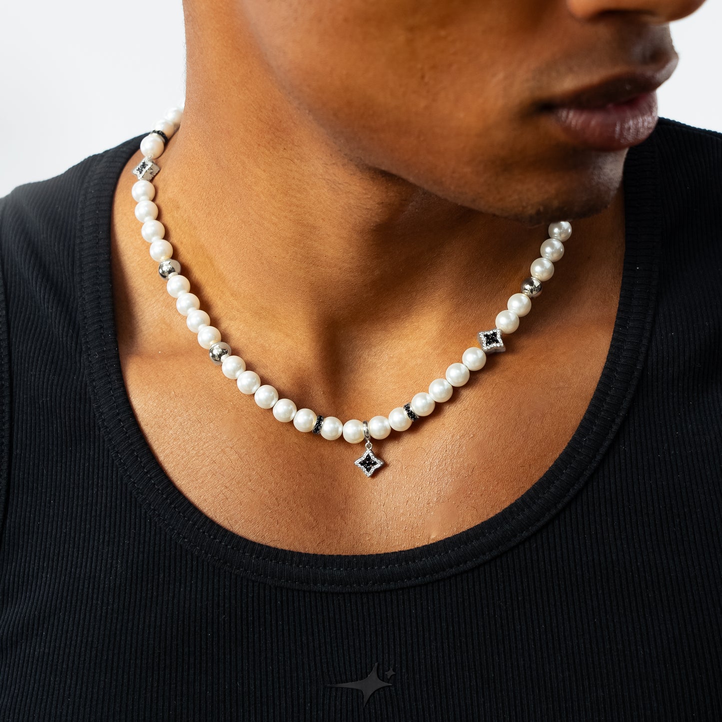 Silver Flower Pearl Chain - Black Stones