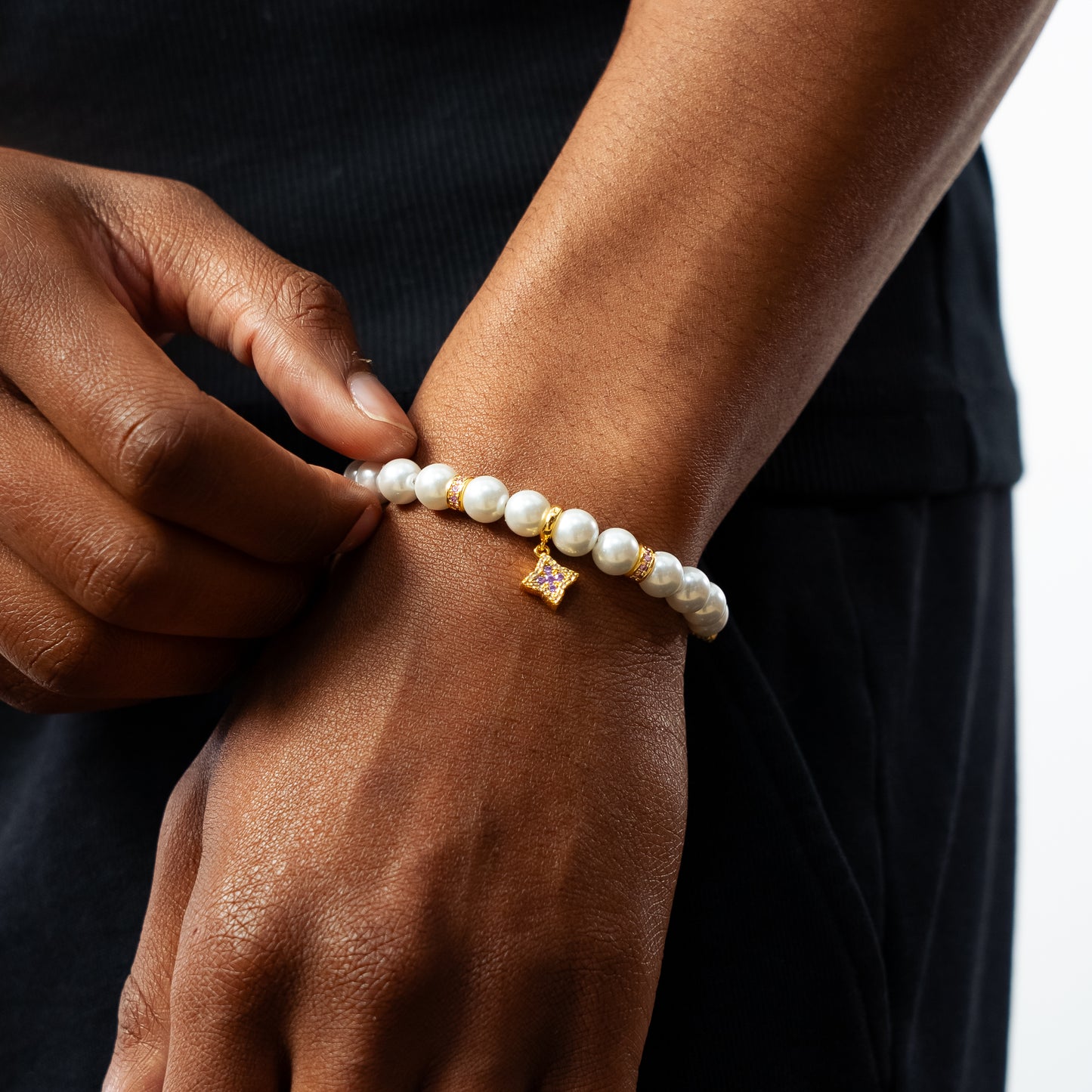 Gold Flower Pearl Bracelet - Purple Stones