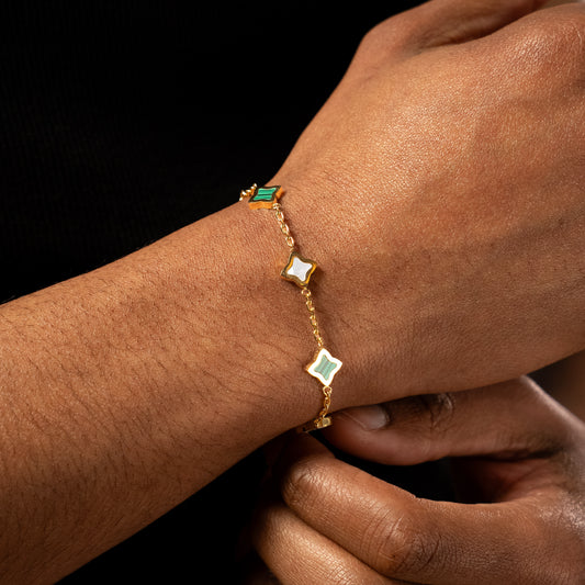 Gold Cable Flower Bracelet - White & Green Pattern