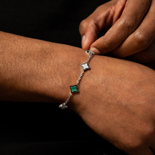 Silver Cable Flower Bracelet - White & Green Pattern