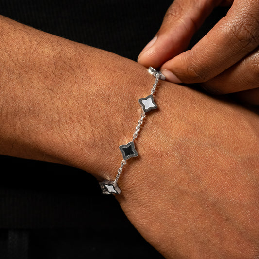 Silver Cable Flower Bracelet - White & Black Pattern