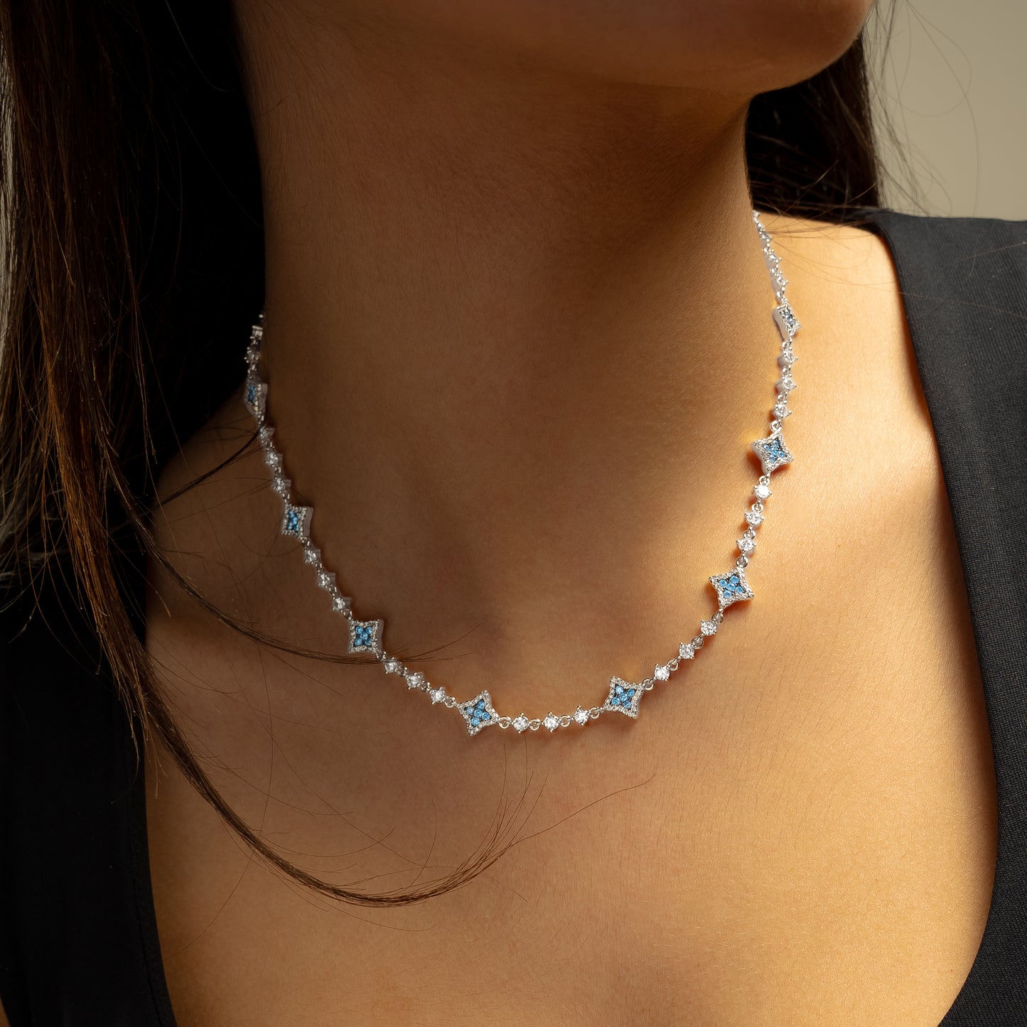 Silver Flower Tennis Chain - Blue Stones