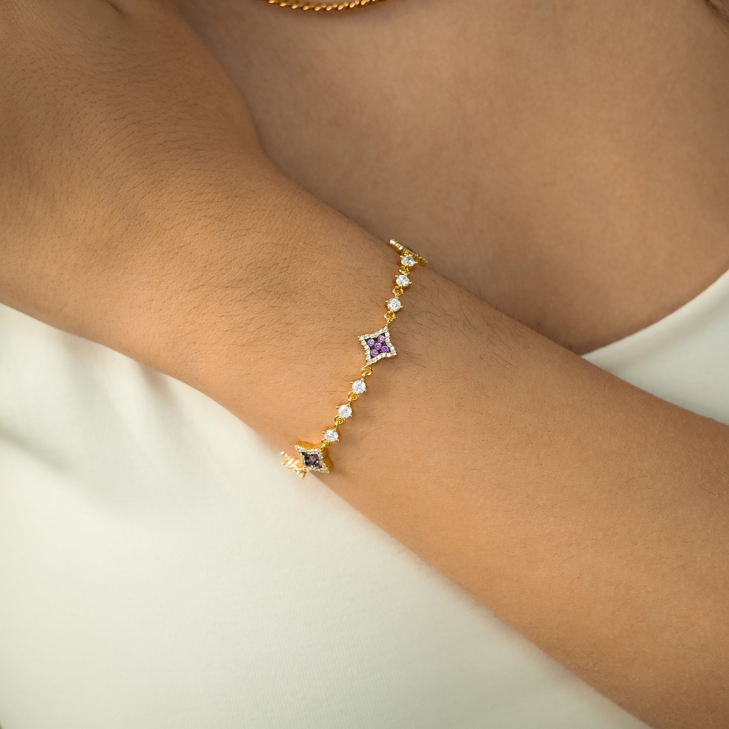 Bracelet Flower Tennis Doré - Pierres violettes