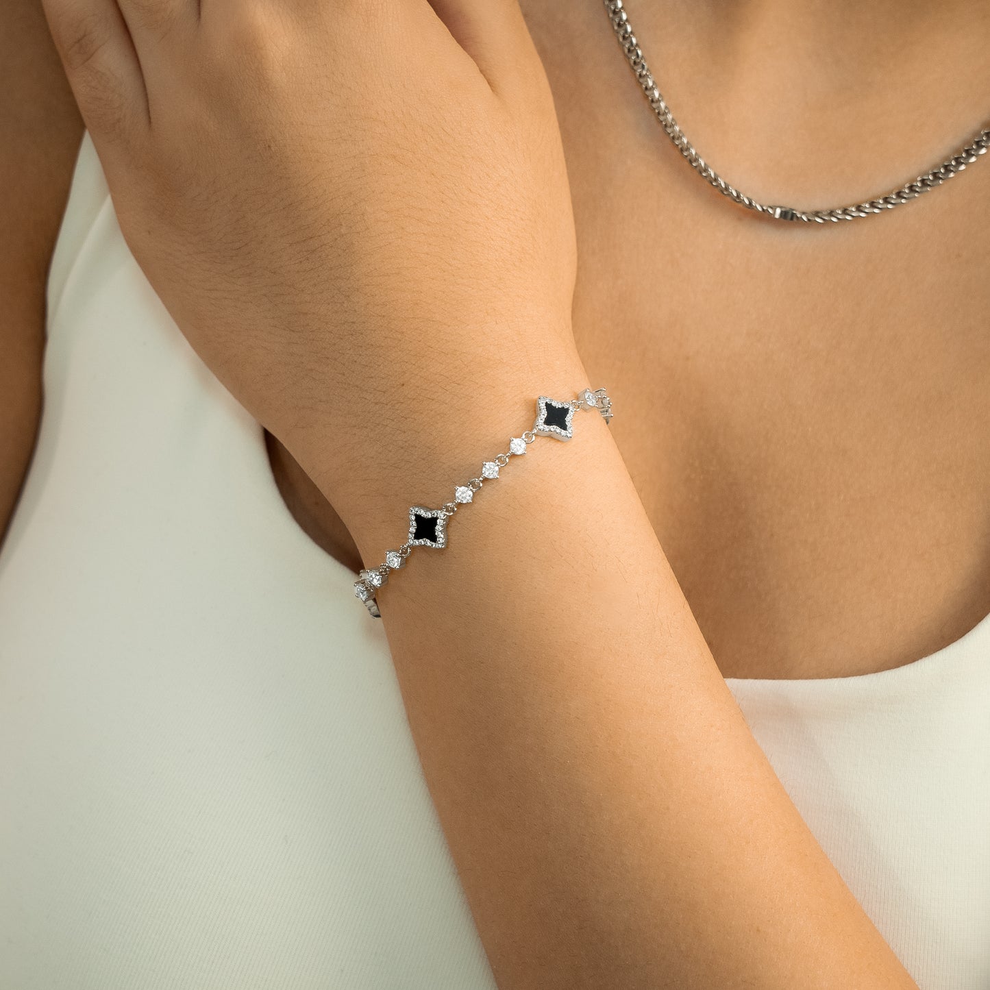 Silver Flower Tennis Bracelet - Black