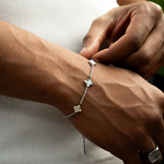 Silver Flower Cable Bracelet - White