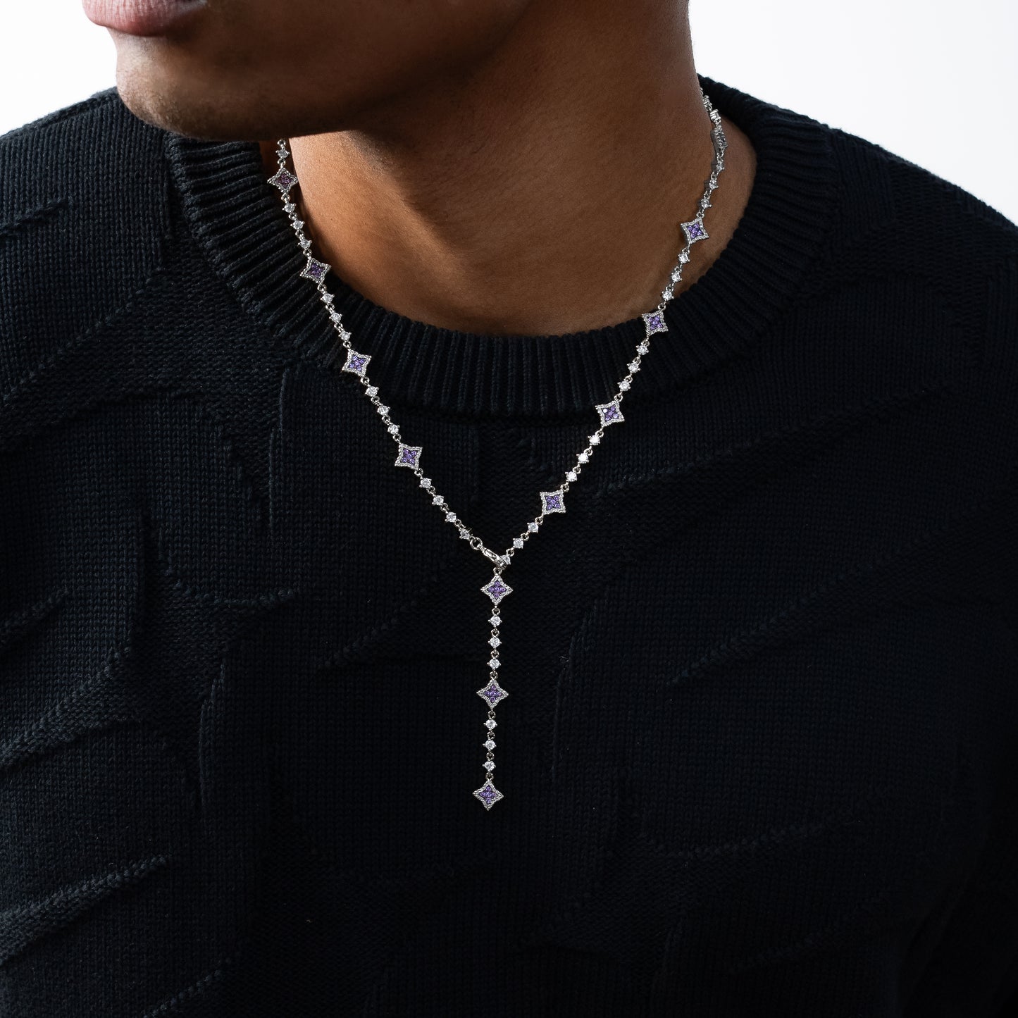 Lariat Flower Tennis Argenté - Pierres Violettes