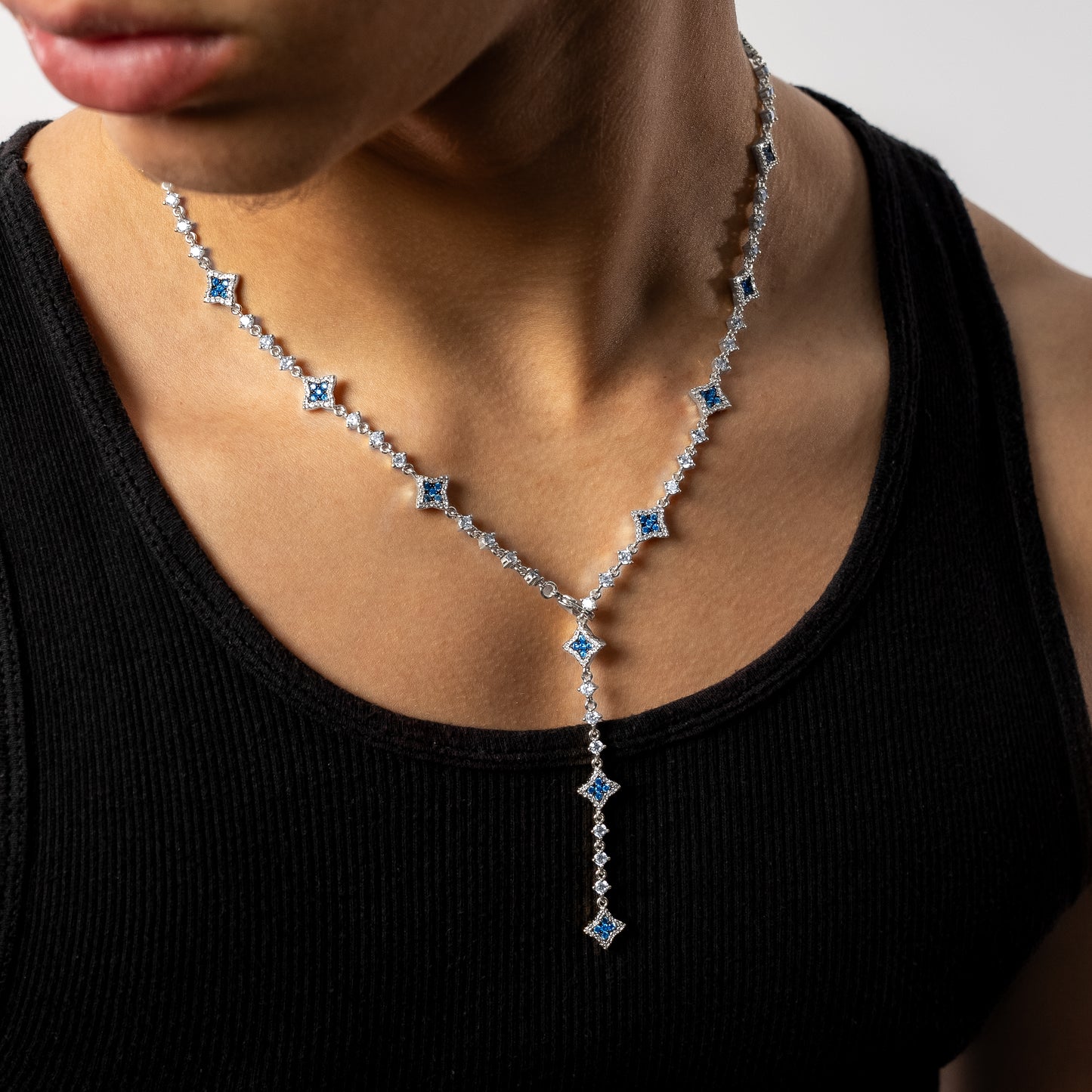 Lariat Flower Tennis Silver - Blue Stones