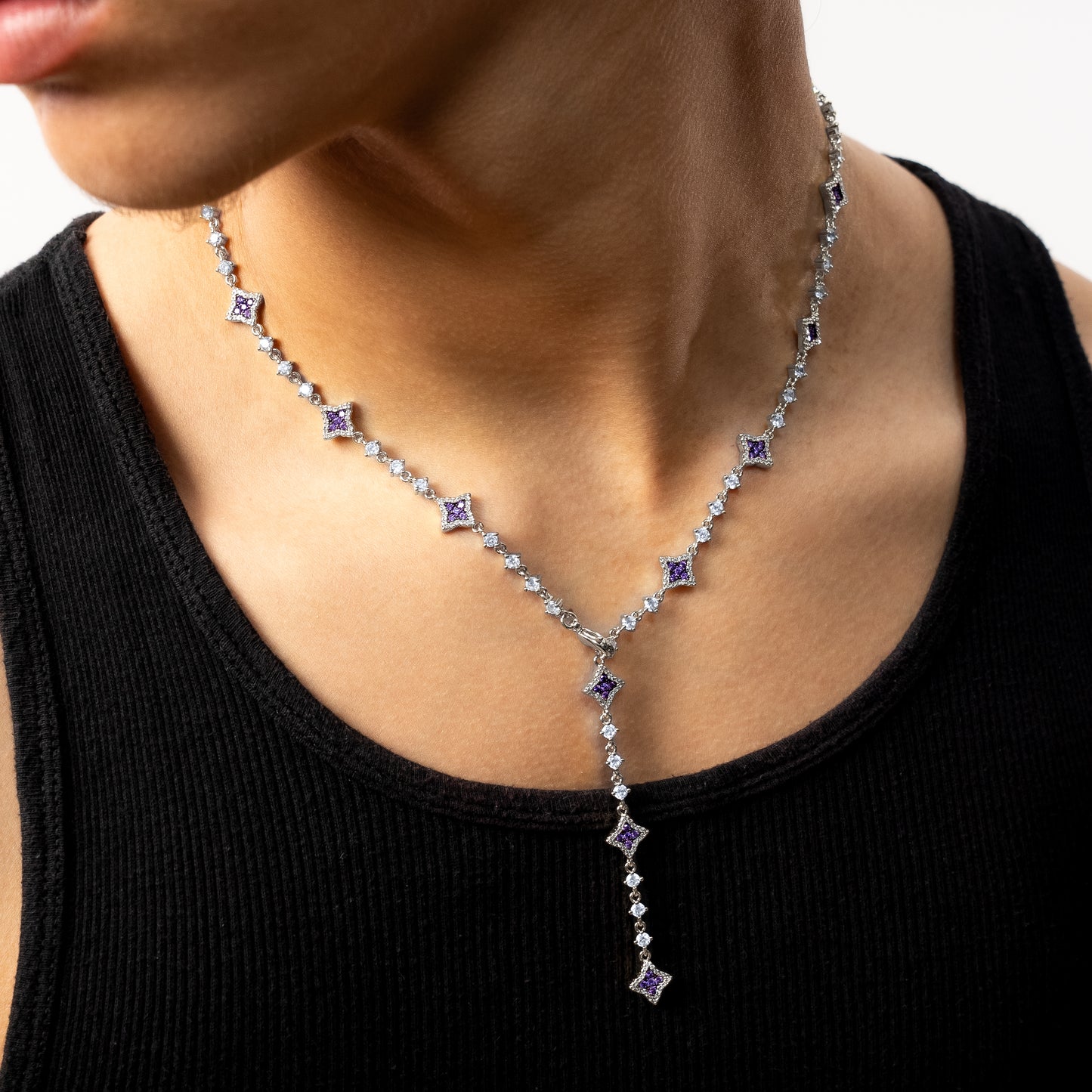 Lariat Flower Tennis Argenté - Pierres Violettes