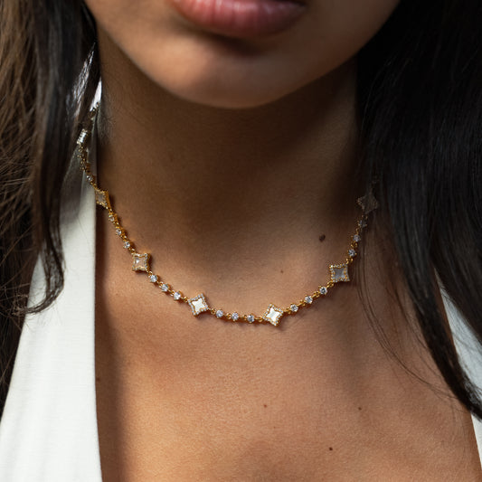 Gold Flower Tennis Chain - White