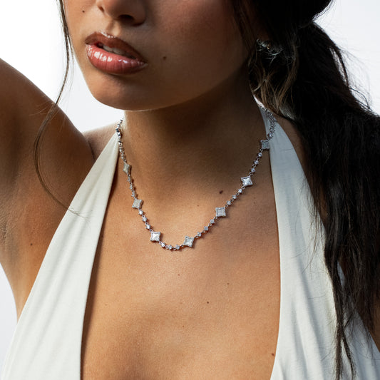 Silver Flower Tennis Chain - White
