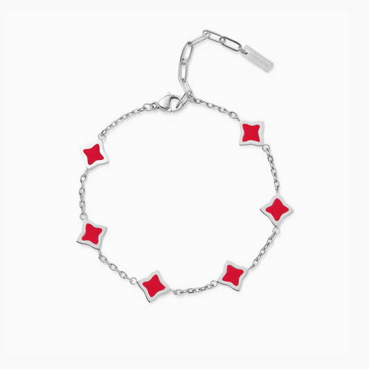 Silver Flower Cable Bracelet - Red