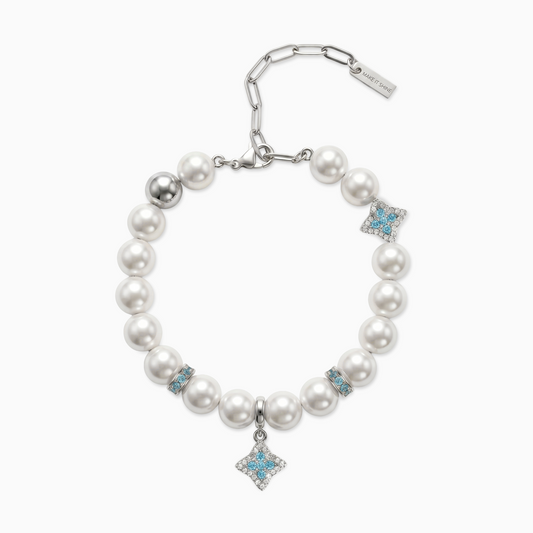 Silver Flower Pearl Bracelet - Blue Stones
