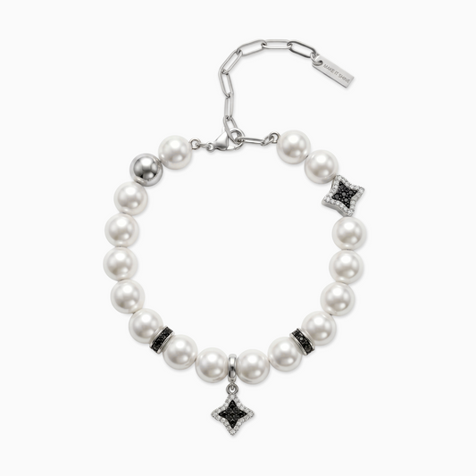 Silver Flower Pearl Bracelet - Black Stones