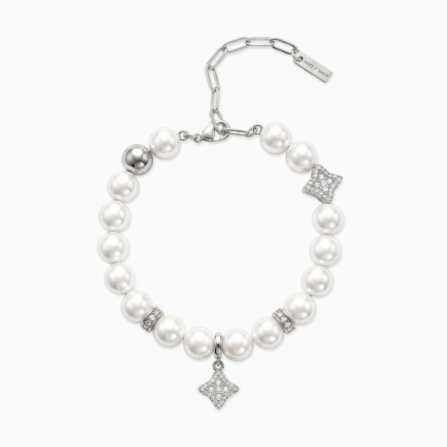 Silver Flower Pearl Bracelet - White Stones