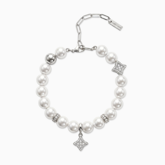 Silver Flower Pearl Bracelet - White Stones