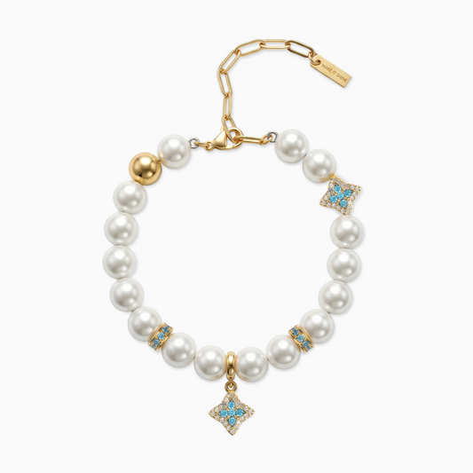 Gold Flower Pearl Bracelet - Blue Stones