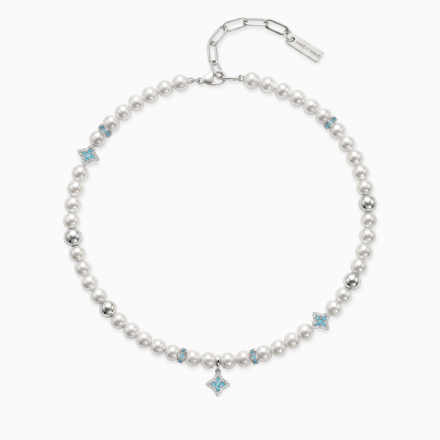 Silver Flower Pearl Chain - Blue Stones