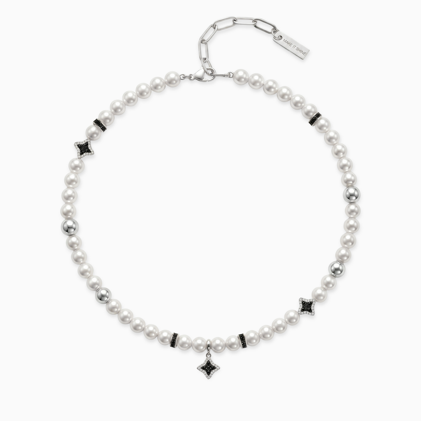 Chaîne Flower Pearl Argentée - Pierres Noires