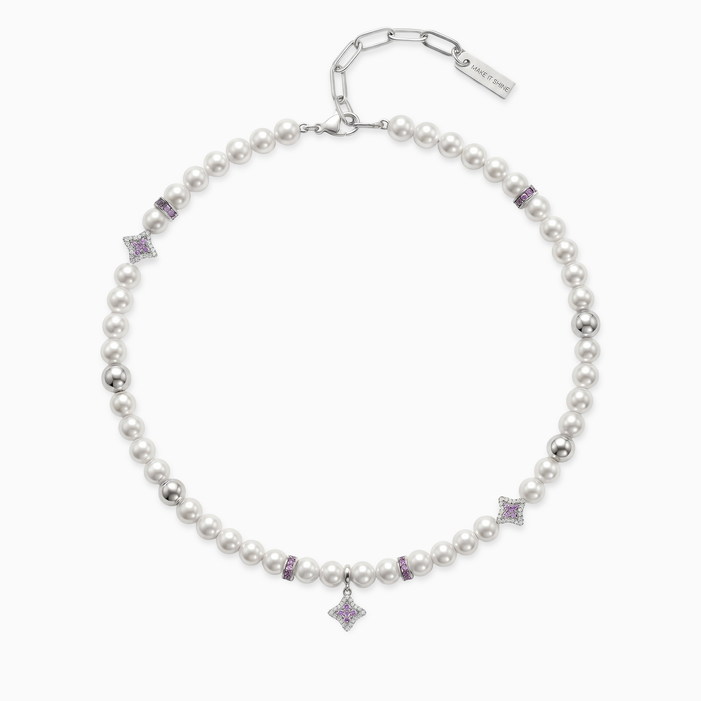 Silver Flower Pearl Chain - Purple Stones